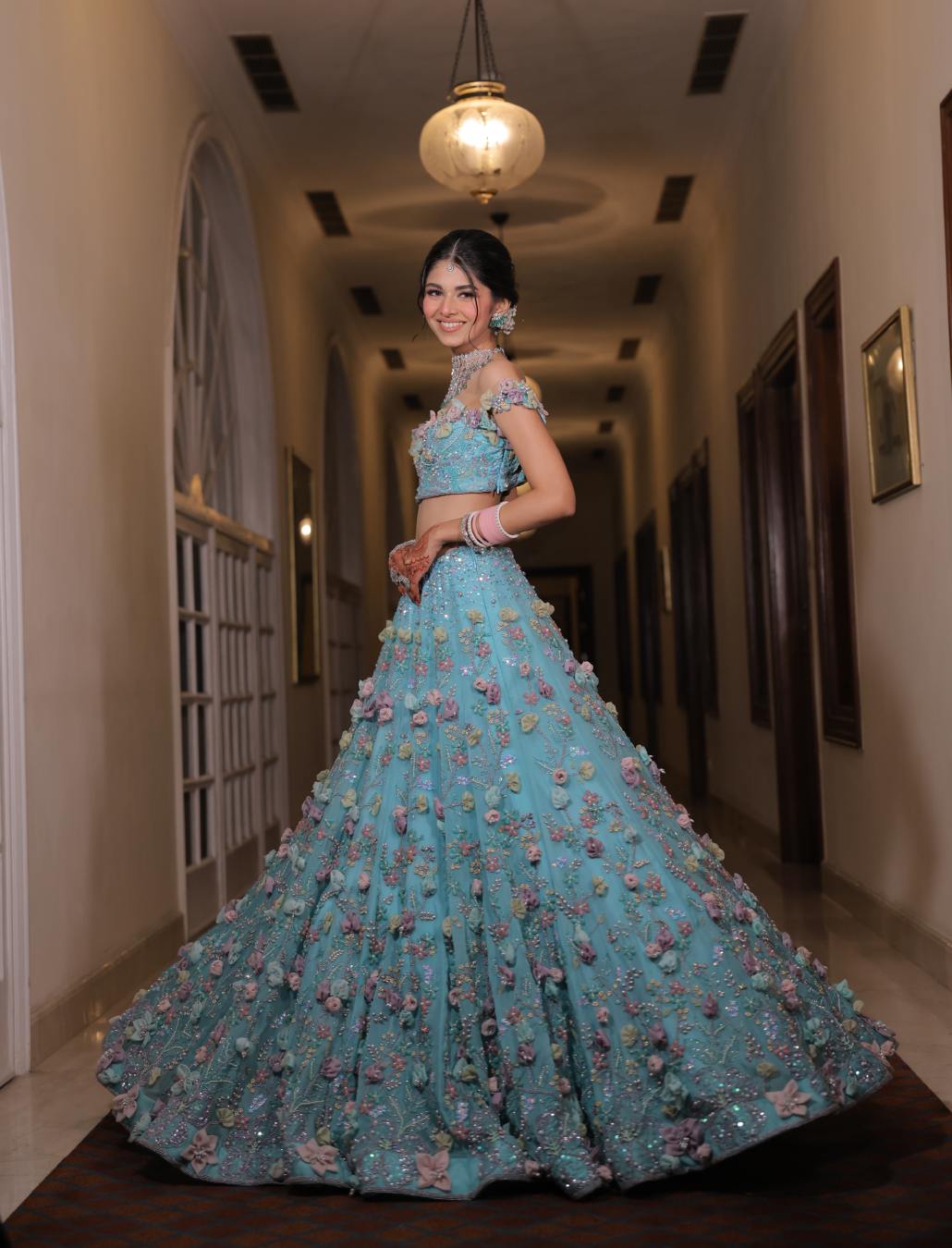 Aqua Blue D Flowers Embellished Heavy Lehenga Set Baya